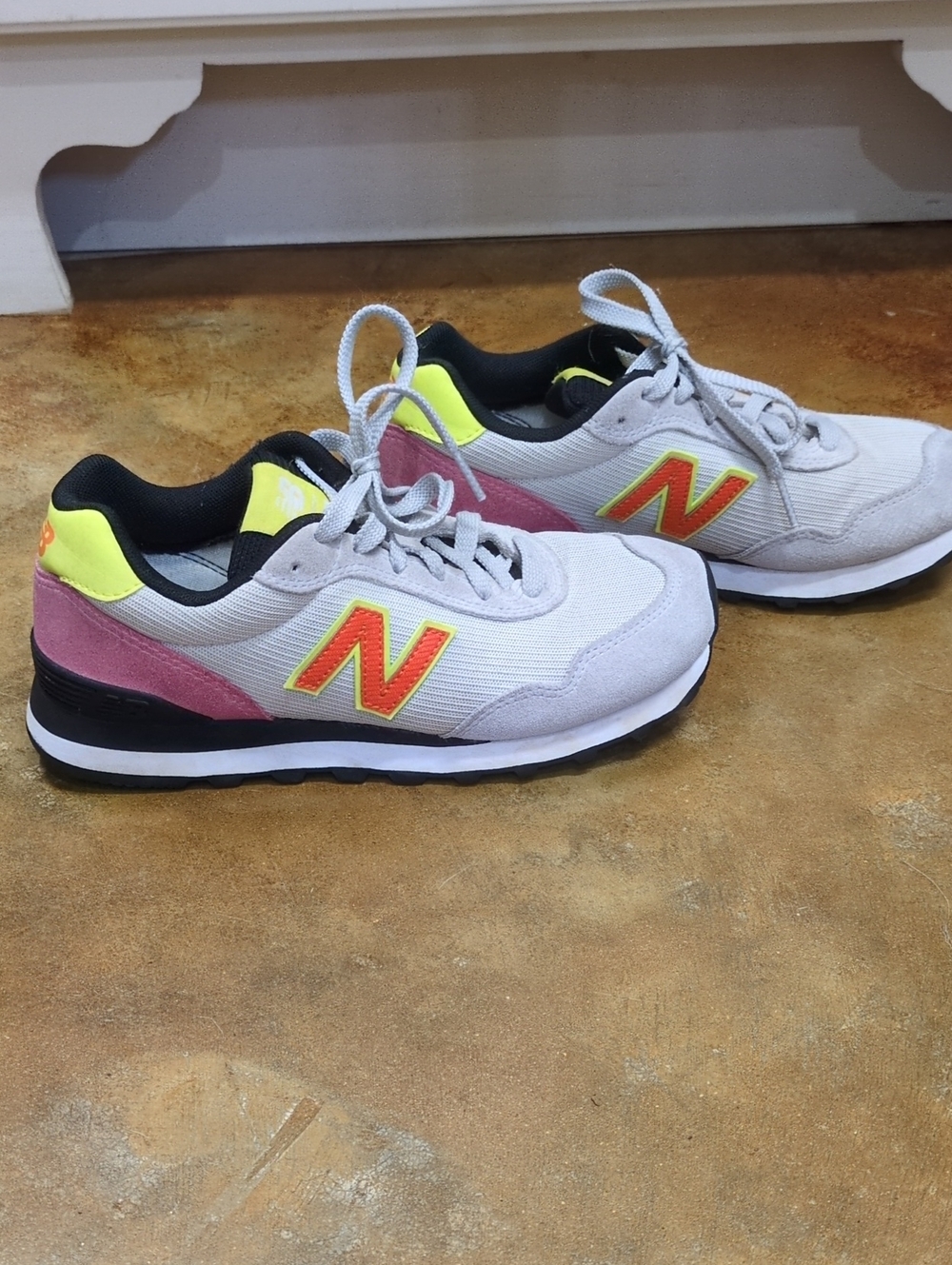 New Balance Light Gray Sneakers with Pink and Neon Yellow Accents